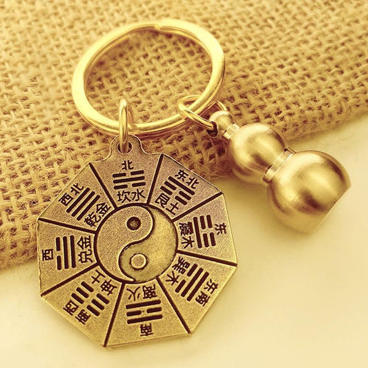 咬钱貔貅钥匙扣生肖朱砂葫芦八卦牌挂件 Feng Shui Gourd Keychain with Five Emperors Money Bring Good Luck and Wealth,home Office Other Scenes and Gifting 八卦牌 实心葫芦