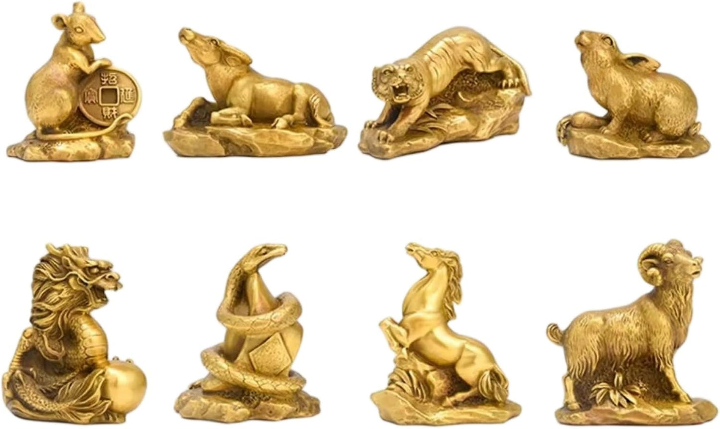 JITUIHOM 黄铜十二生肖摆件 Living Room Dining Desk Decorations 中式大小鼠牛虎兔龙蛇马羊猴鸡狗猪工艺品 Luck Wealth Feng Shui Decor 1455