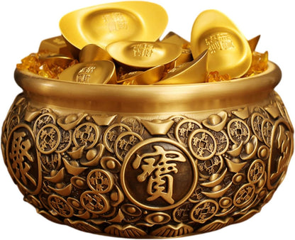 全黄铜金钱元宝 Feng Shui Money Bowl & Wealth Bowl 聚宝盆 < 中号双龙 Feng Shui Money Bowl & Wealth Bowl 聚宝盆【送铜元宝1个】 口径15cm >