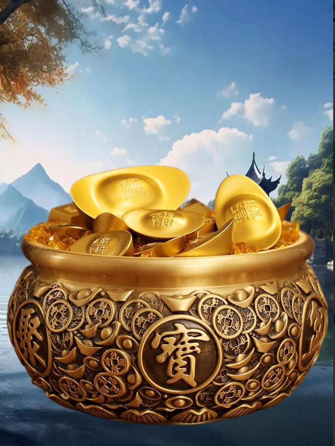 全黄铜金钱元宝 Feng Shui Money Bowl & Wealth Bowl 聚宝盆 < 中号双龙 Feng Shui Money Bowl & Wealth Bowl 聚宝盆【送铜元宝1个】 口径15cm >