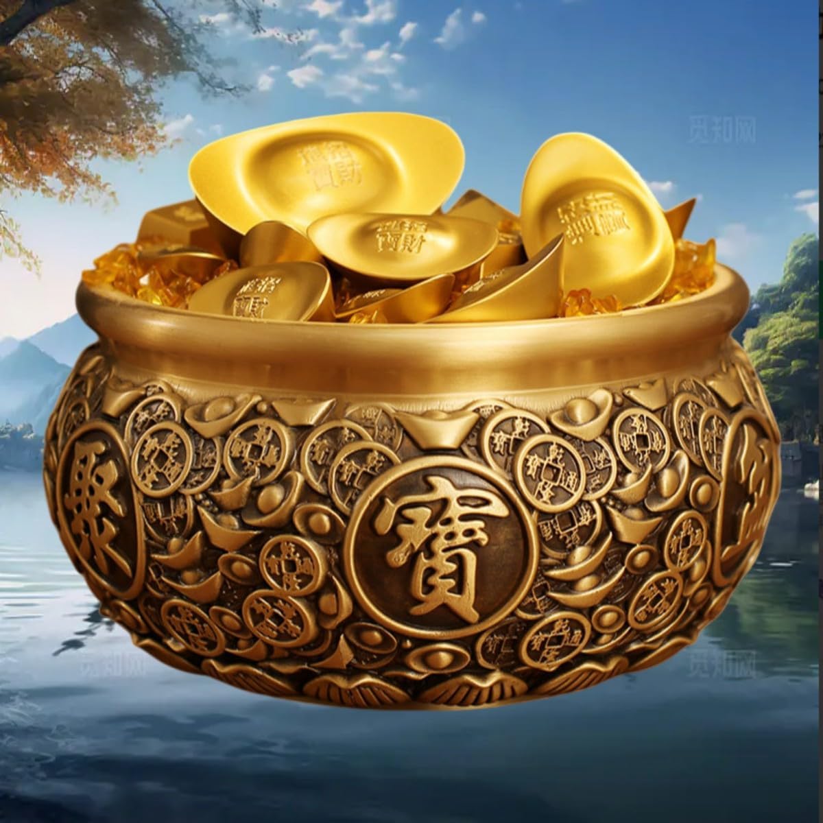 全黄铜金钱元宝 Feng Shui Money Bowl & Wealth Bowl 聚宝盆 < 中号双龙 Feng Shui Money Bowl & Wealth Bowl 聚宝盆【送铜元宝1个】 口径15cm >