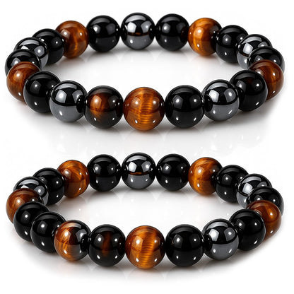 WFJ Black Obsidian Hematite Triple Protection Bracelets Set - Tiger Eye Beaded Natural Stone Bracelet for Men Women Gemstone (10MM)